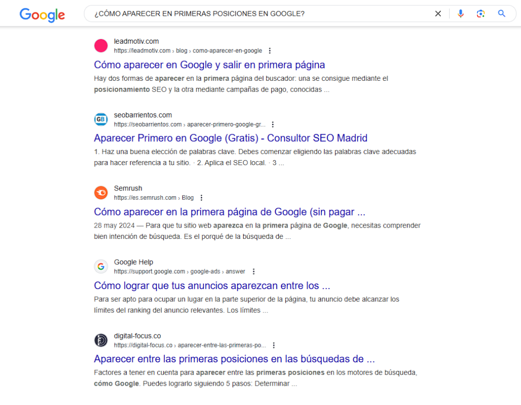 primera posiciones de google, resultados en el top para busquedas