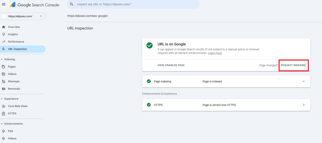 inspección de URL Google Search Console